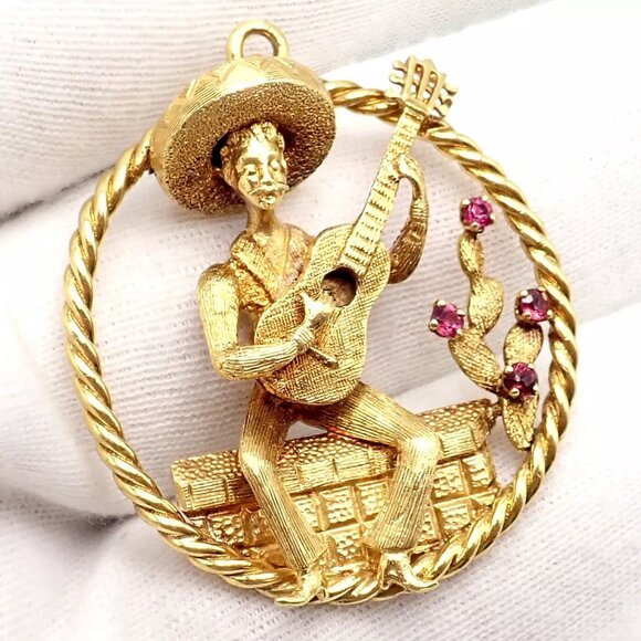 Authentic! Rudi Cherny 18k Yellow Gold Guitar Player Cactus Ruby Pendant - Picture 6 of 13